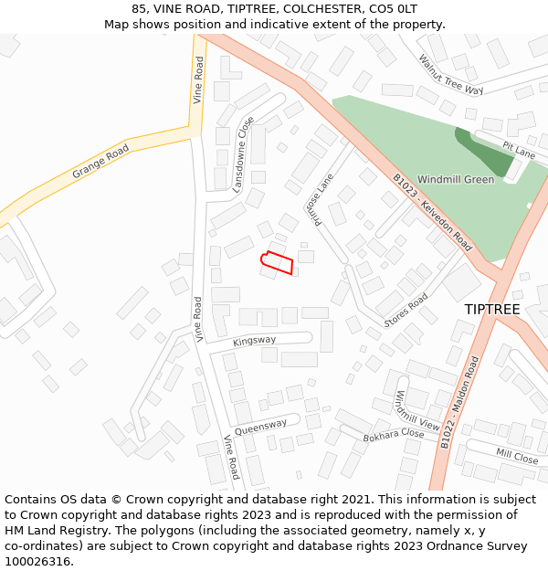 85, VINE ROAD, TIPTREE, COLCHESTER, CO5 0LT: Location map and indicative extent of plot