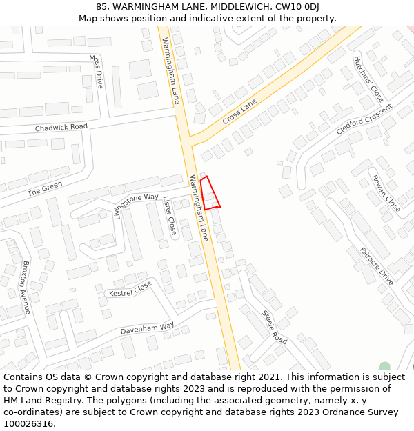 85, WARMINGHAM LANE, MIDDLEWICH, CW10 0DJ: Location map and indicative extent of plot