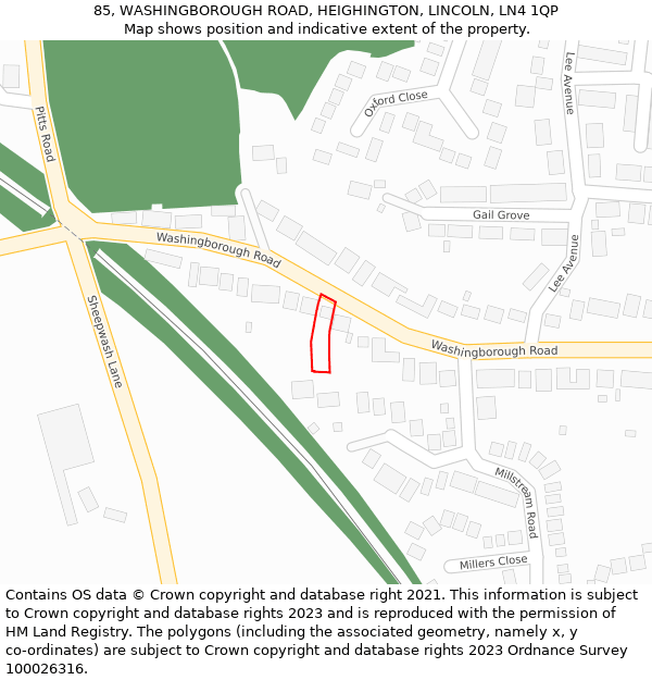 85, WASHINGBOROUGH ROAD, HEIGHINGTON, LINCOLN, LN4 1QP: Location map and indicative extent of plot