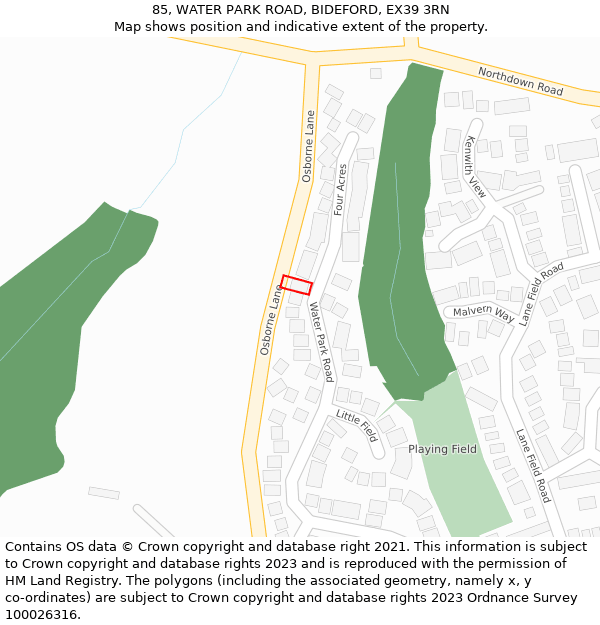 85, WATER PARK ROAD, BIDEFORD, EX39 3RN: Location map and indicative extent of plot