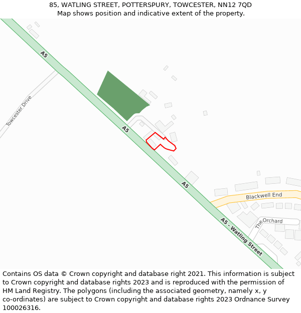 85, WATLING STREET, POTTERSPURY, TOWCESTER, NN12 7QD: Location map and indicative extent of plot