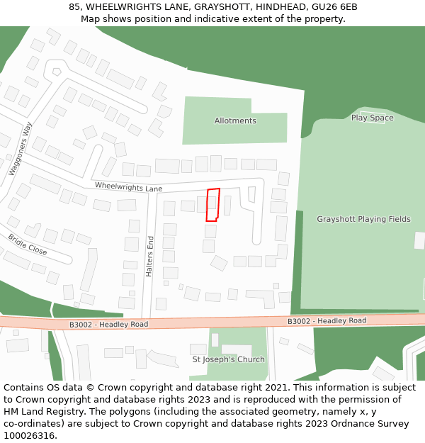 85, WHEELWRIGHTS LANE, GRAYSHOTT, HINDHEAD, GU26 6EB: Location map and indicative extent of plot