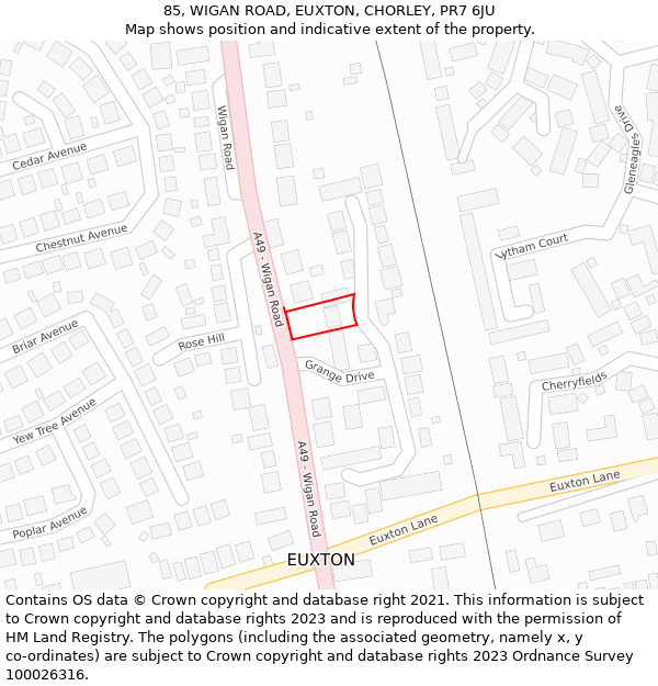 85, WIGAN ROAD, EUXTON, CHORLEY, PR7 6JU: Location map and indicative extent of plot