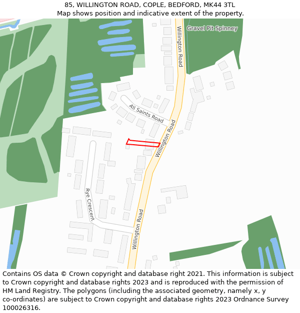 85, WILLINGTON ROAD, COPLE, BEDFORD, MK44 3TL: Location map and indicative extent of plot