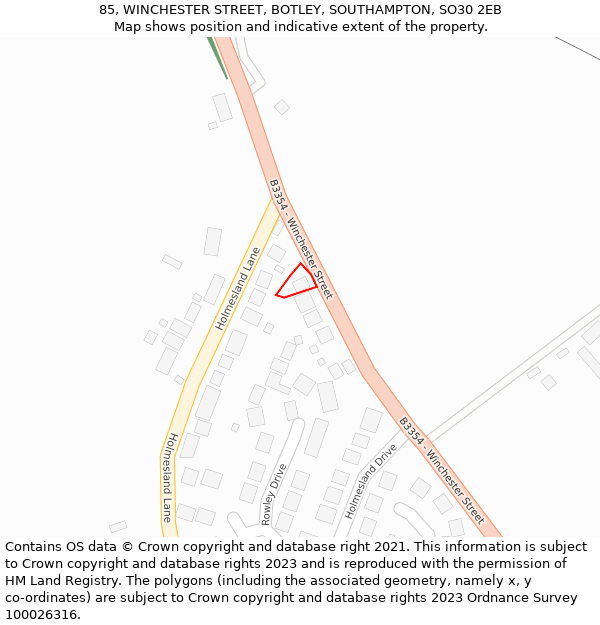 85, WINCHESTER STREET, BOTLEY, SOUTHAMPTON, SO30 2EB: Location map and indicative extent of plot