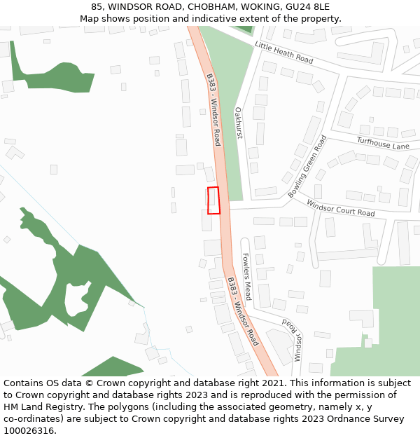 85, WINDSOR ROAD, CHOBHAM, WOKING, GU24 8LE: Location map and indicative extent of plot
