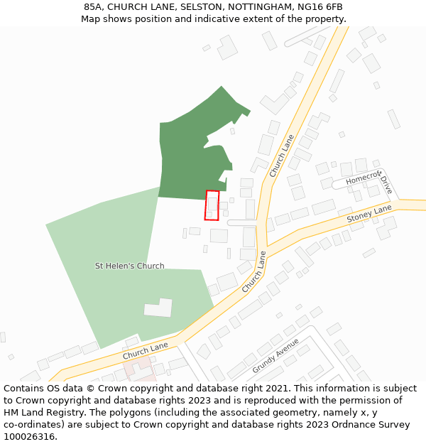 85A, CHURCH LANE, SELSTON, NOTTINGHAM, NG16 6FB: Location map and indicative extent of plot