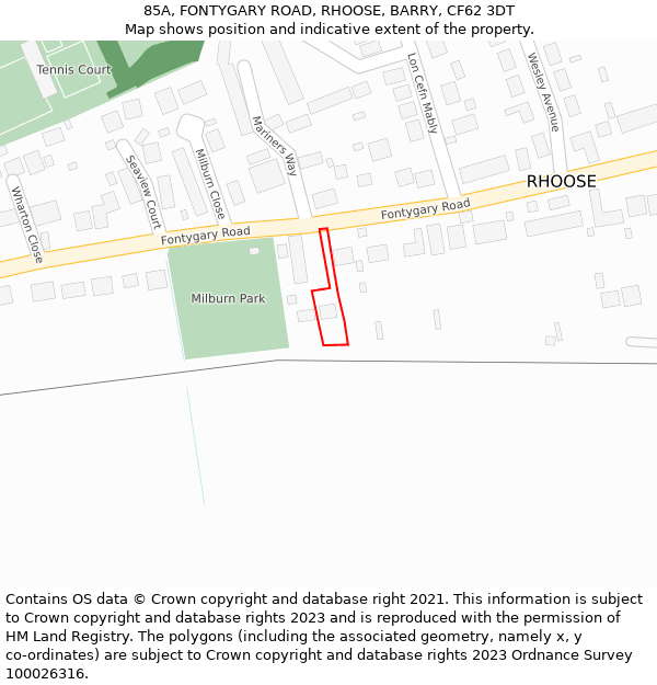 85A, FONTYGARY ROAD, RHOOSE, BARRY, CF62 3DT: Location map and indicative extent of plot