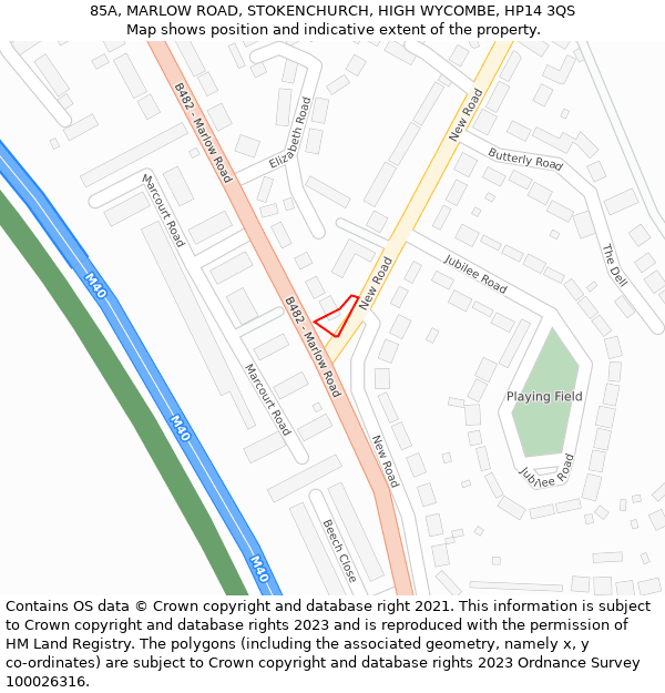 85A, MARLOW ROAD, STOKENCHURCH, HIGH WYCOMBE, HP14 3QS: Location map and indicative extent of plot