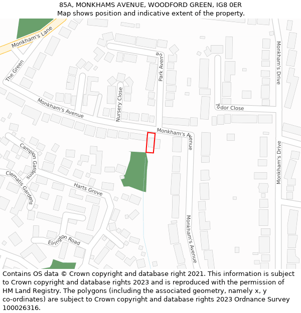 85A, MONKHAMS AVENUE, WOODFORD GREEN, IG8 0ER: Location map and indicative extent of plot
