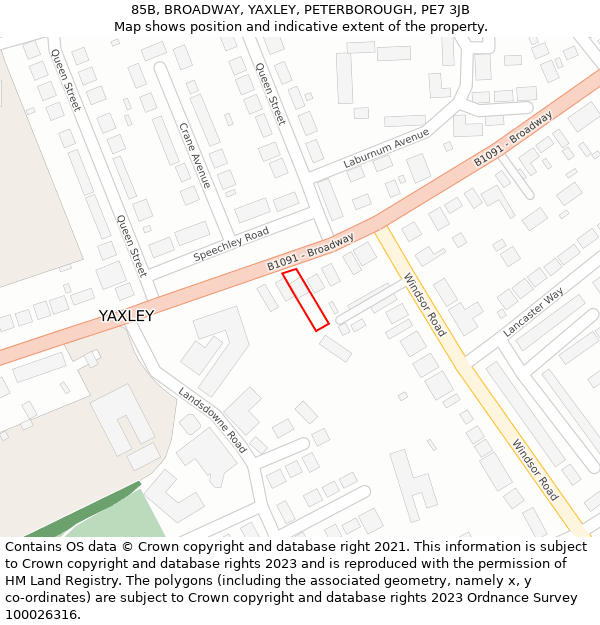 85B, BROADWAY, YAXLEY, PETERBOROUGH, PE7 3JB: Location map and indicative extent of plot