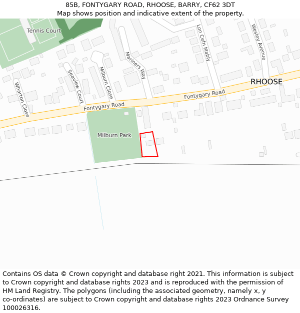 85B, FONTYGARY ROAD, RHOOSE, BARRY, CF62 3DT: Location map and indicative extent of plot