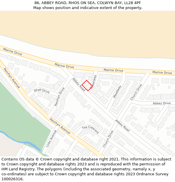 86, ABBEY ROAD, RHOS ON SEA, COLWYN BAY, LL28 4PF: Location map and indicative extent of plot