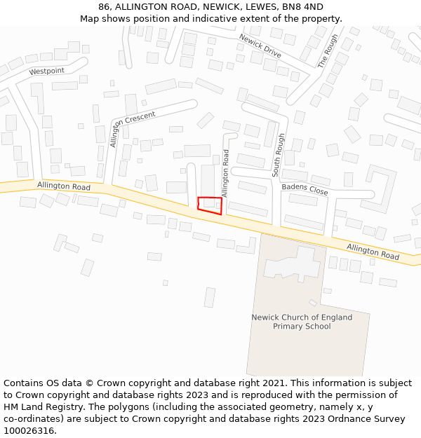 86, ALLINGTON ROAD, NEWICK, LEWES, BN8 4ND: Location map and indicative extent of plot