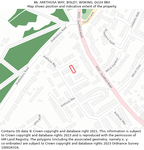 86, ARETHUSA WAY, BISLEY, WOKING, GU24 9BX: Location map and indicative extent of plot