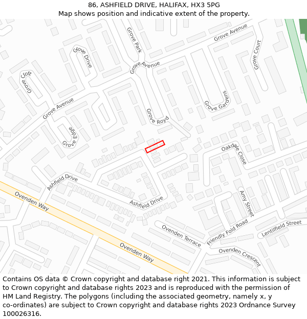 86, ASHFIELD DRIVE, HALIFAX, HX3 5PG: Location map and indicative extent of plot