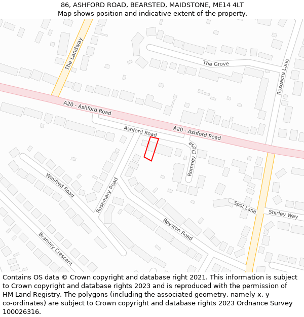 86, ASHFORD ROAD, BEARSTED, MAIDSTONE, ME14 4LT: Location map and indicative extent of plot