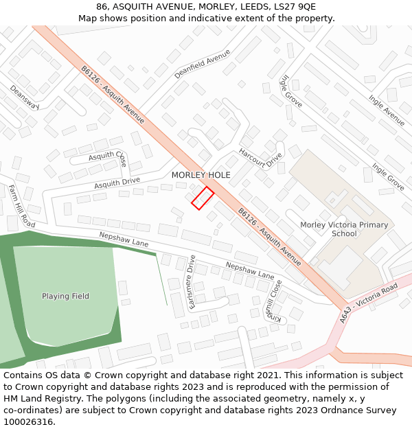 86, ASQUITH AVENUE, MORLEY, LEEDS, LS27 9QE: Location map and indicative extent of plot