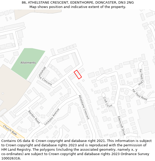 86, ATHELSTANE CRESCENT, EDENTHORPE, DONCASTER, DN3 2NG: Location map and indicative extent of plot