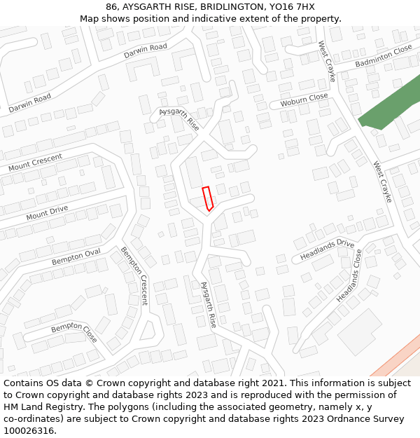 86, AYSGARTH RISE, BRIDLINGTON, YO16 7HX: Location map and indicative extent of plot