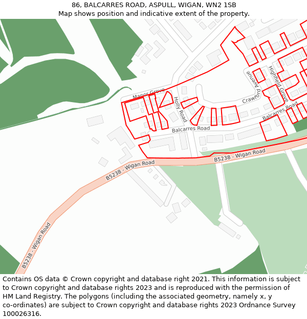 86, BALCARRES ROAD, ASPULL, WIGAN, WN2 1SB: Location map and indicative extent of plot