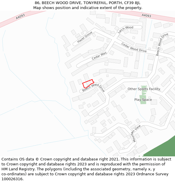 86, BEECH WOOD DRIVE, TONYREFAIL, PORTH, CF39 8JL: Location map and indicative extent of plot