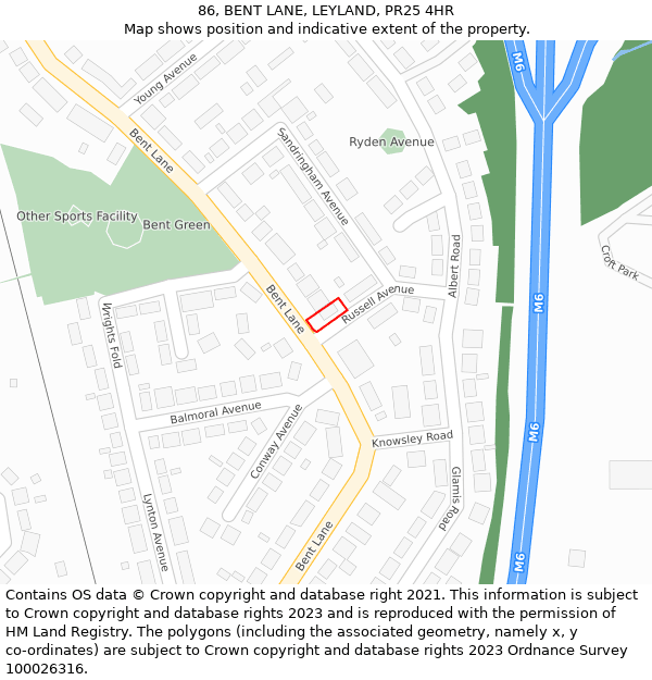 86, BENT LANE, LEYLAND, PR25 4HR: Location map and indicative extent of plot