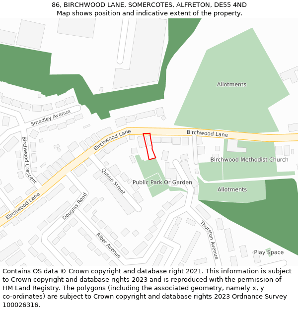 86, BIRCHWOOD LANE, SOMERCOTES, ALFRETON, DE55 4ND: Location map and indicative extent of plot