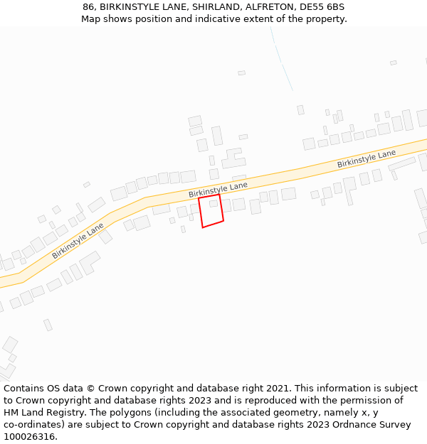 86, BIRKINSTYLE LANE, SHIRLAND, ALFRETON, DE55 6BS: Location map and indicative extent of plot