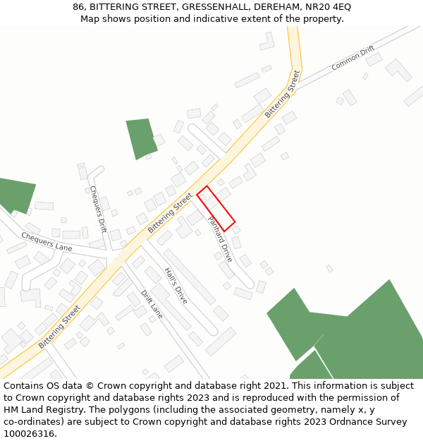 86, BITTERING STREET, GRESSENHALL, DEREHAM, NR20 4EQ: Location map and indicative extent of plot