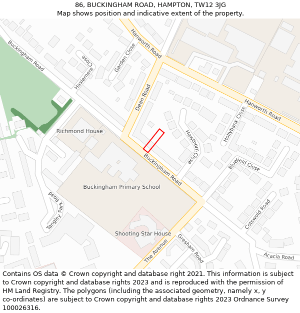 86, BUCKINGHAM ROAD, HAMPTON, TW12 3JG: Location map and indicative extent of plot