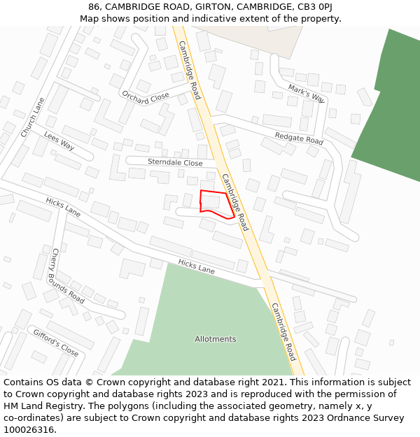 86, CAMBRIDGE ROAD, GIRTON, CAMBRIDGE, CB3 0PJ: Location map and indicative extent of plot