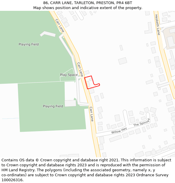 86, CARR LANE, TARLETON, PRESTON, PR4 6BT: Location map and indicative extent of plot