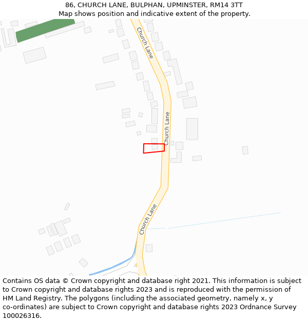 86, CHURCH LANE, BULPHAN, UPMINSTER, RM14 3TT: Location map and indicative extent of plot