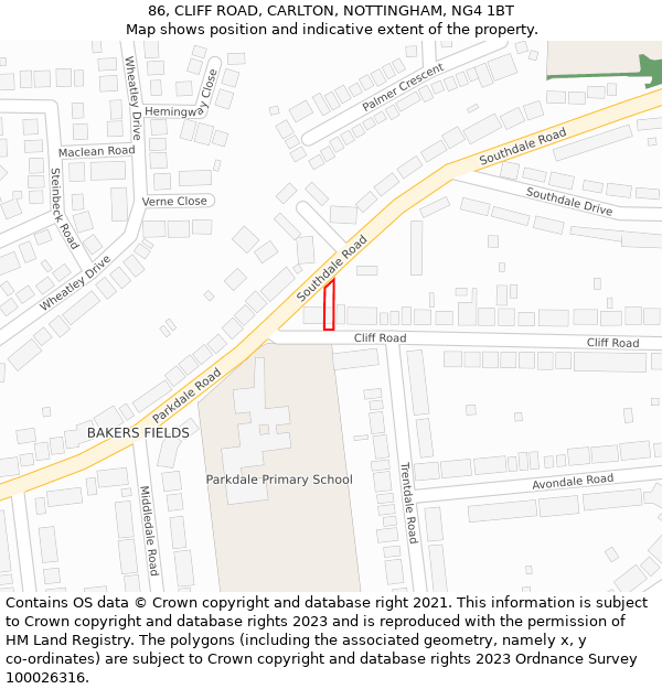 86, CLIFF ROAD, CARLTON, NOTTINGHAM, NG4 1BT: Location map and indicative extent of plot