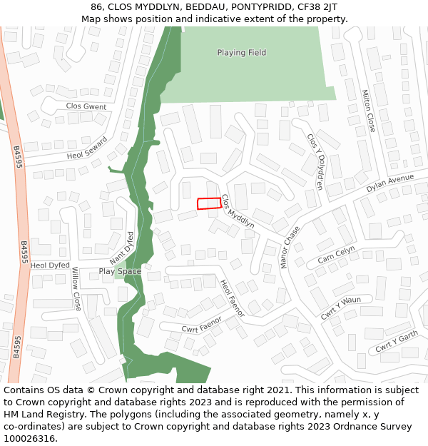 86, CLOS MYDDLYN, BEDDAU, PONTYPRIDD, CF38 2JT: Location map and indicative extent of plot