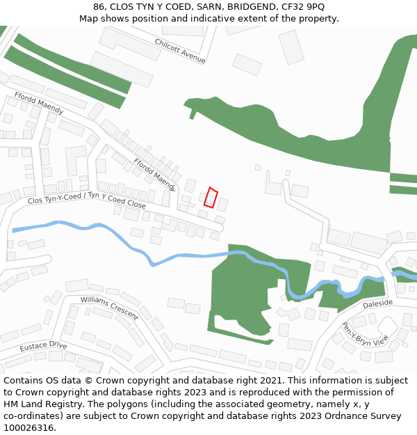 86, CLOS TYN Y COED, SARN, BRIDGEND, CF32 9PQ: Location map and indicative extent of plot