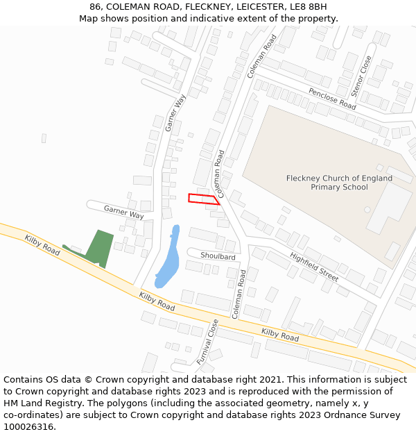 86, COLEMAN ROAD, FLECKNEY, LEICESTER, LE8 8BH: Location map and indicative extent of plot