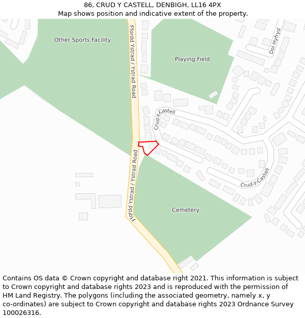 86, CRUD Y CASTELL, DENBIGH, LL16 4PX: Location map and indicative extent of plot