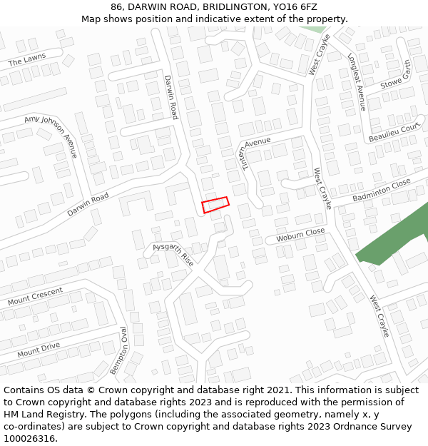 86, DARWIN ROAD, BRIDLINGTON, YO16 6FZ: Location map and indicative extent of plot