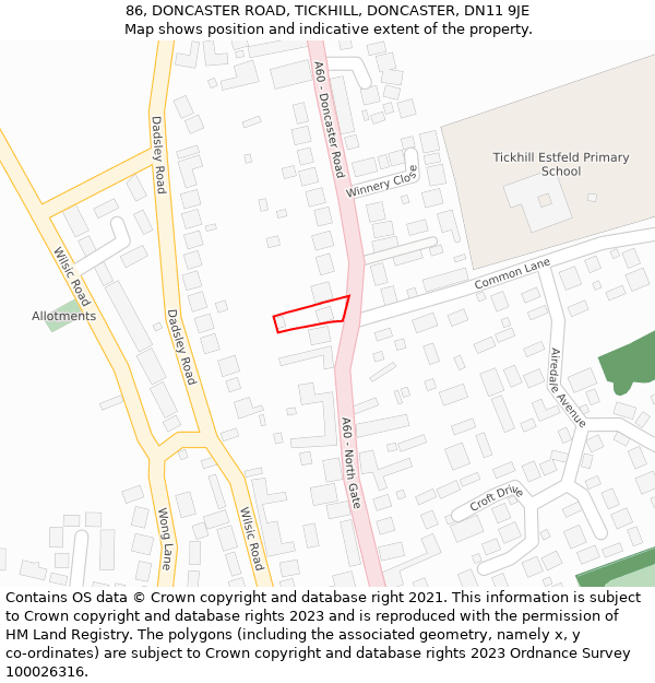 86, DONCASTER ROAD, TICKHILL, DONCASTER, DN11 9JE: Location map and indicative extent of plot