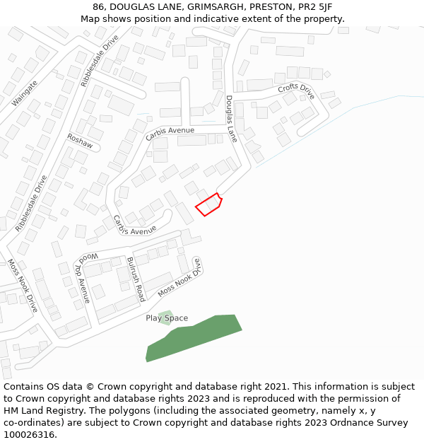 86, DOUGLAS LANE, GRIMSARGH, PRESTON, PR2 5JF: Location map and indicative extent of plot