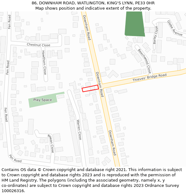 86, DOWNHAM ROAD, WATLINGTON, KING'S LYNN, PE33 0HR: Location map and indicative extent of plot