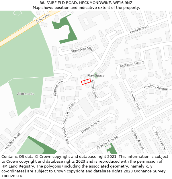 86, FAIRFIELD ROAD, HECKMONDWIKE, WF16 9NZ: Location map and indicative extent of plot