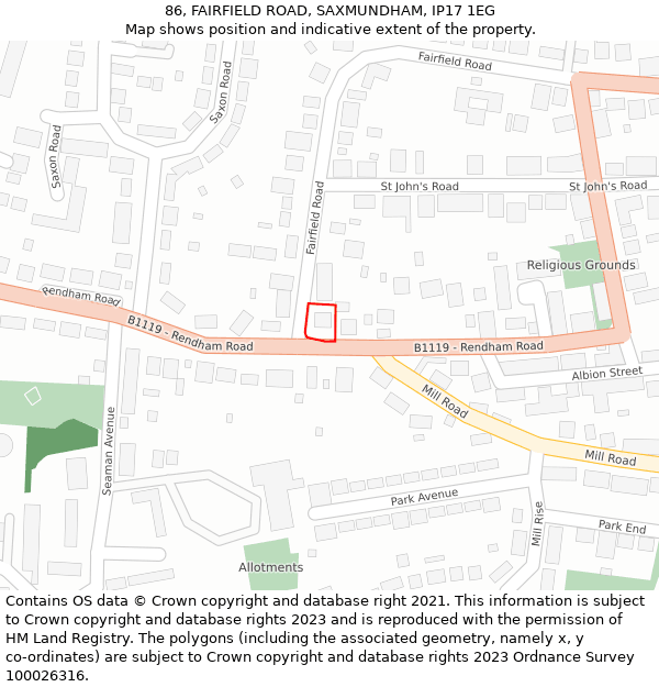 86, FAIRFIELD ROAD, SAXMUNDHAM, IP17 1EG: Location map and indicative extent of plot
