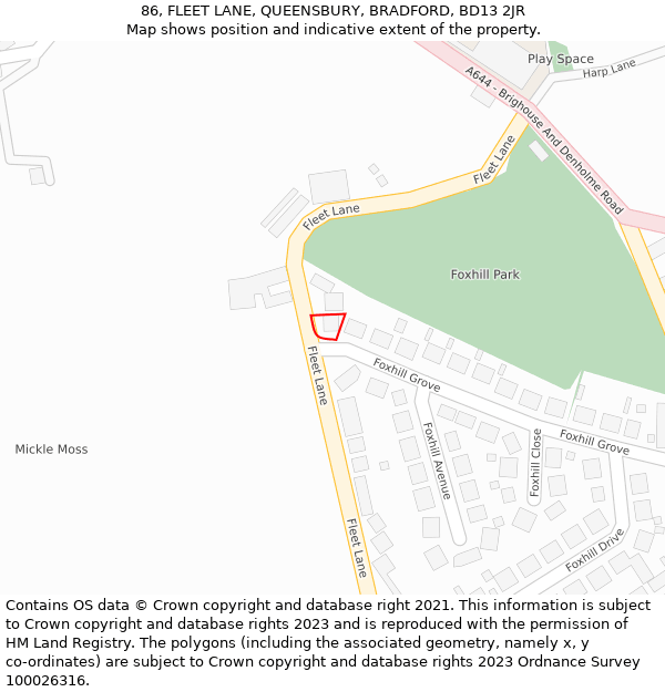 86, FLEET LANE, QUEENSBURY, BRADFORD, BD13 2JR: Location map and indicative extent of plot