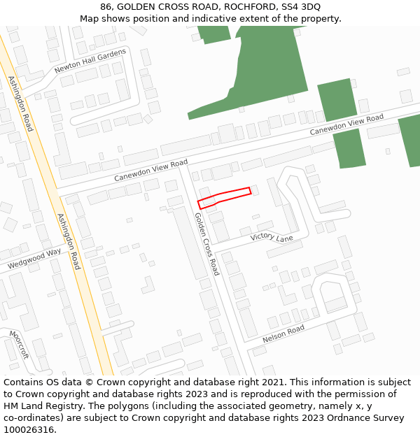 86, GOLDEN CROSS ROAD, ROCHFORD, SS4 3DQ: Location map and indicative extent of plot