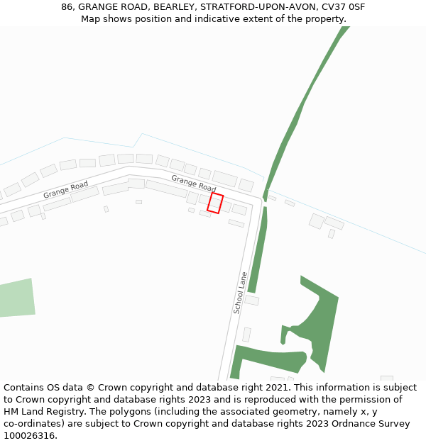 86, GRANGE ROAD, BEARLEY, STRATFORD-UPON-AVON, CV37 0SF: Location map and indicative extent of plot