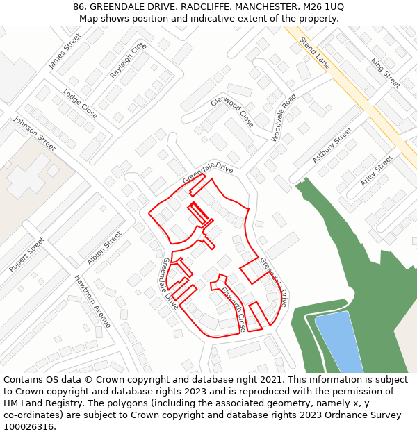 86, GREENDALE DRIVE, RADCLIFFE, MANCHESTER, M26 1UQ: Location map and indicative extent of plot