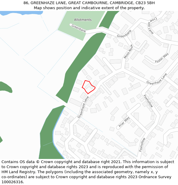 86, GREENHAZE LANE, GREAT CAMBOURNE, CAMBRIDGE, CB23 5BH: Location map and indicative extent of plot